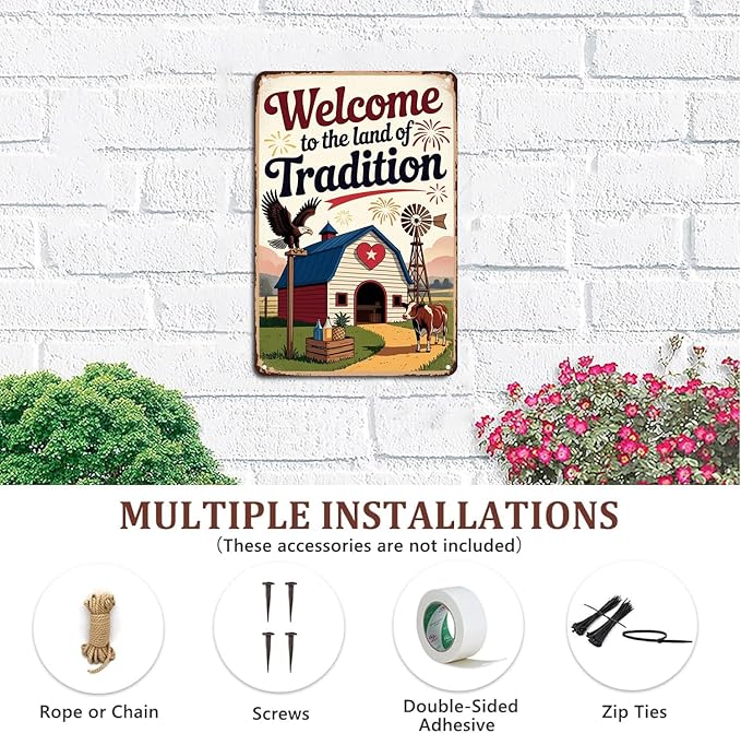 Farmhouse Welcome To the Land of Tradition tin sign Vintage Country Farm Metal Sign Print Aesthetic for Garden Yard Bar Porch Home Bedroom Kitchen Wall Decor Decor Gift 8 x 12 Inches