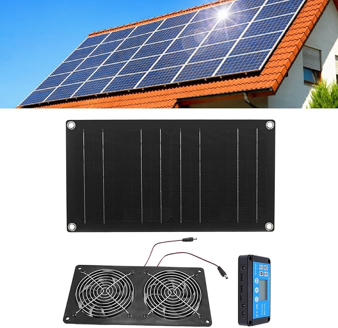 Pomya Solar Exhaust Fan, 20W Solar Panel + 6 Inch Double Ventilation Vent Fan, with Timing Controller, HighSpeed Solar Powered Fan for Shed, Chicken Coop, Greenhouse, Dog House