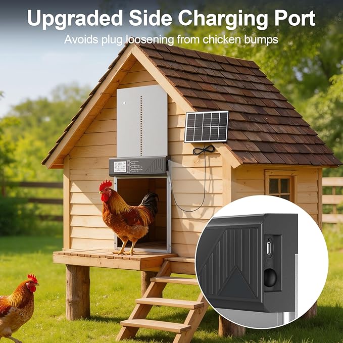 Larger Size Automatic Chicken Coop Door Solar Powered, 4000MAh Internal Battery Automatic Coop Door Anti-hit Side Charging Port, Automatic Chicken Door with Timer, Light Sensor 4Modes & Remote Control
