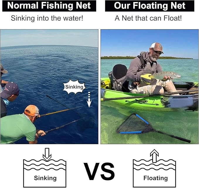 PLUSINNO Fishing Net Fish Floating Landing Net, Kayak Nets with Fixed Foldable Telescopic Pole Handle, Bass Trout Fishing Nets with Nylon Mesh for Pond Lake River, Fishing Gear Gifts for Men Anglers