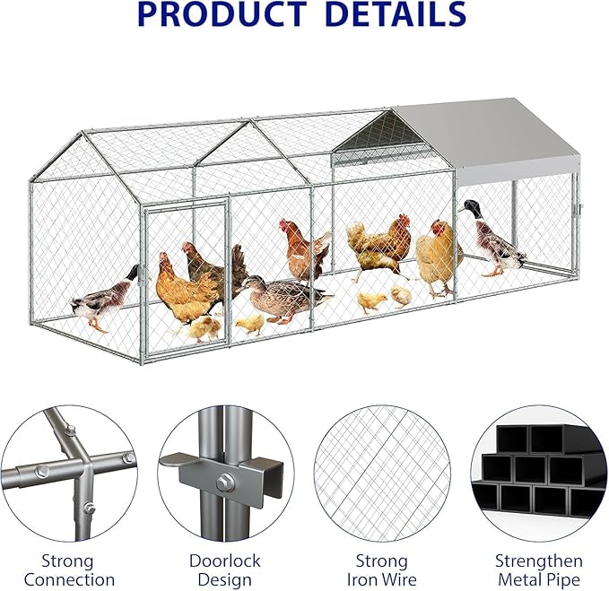 Large Metal Chicken Coop Run with Cover, 120"×40"×40" Portable Poultry Cage Walk in Hen House for Outdoor Chicken Rabbit Duck,Backyard Farm Animal Enclosure Crate Sliver