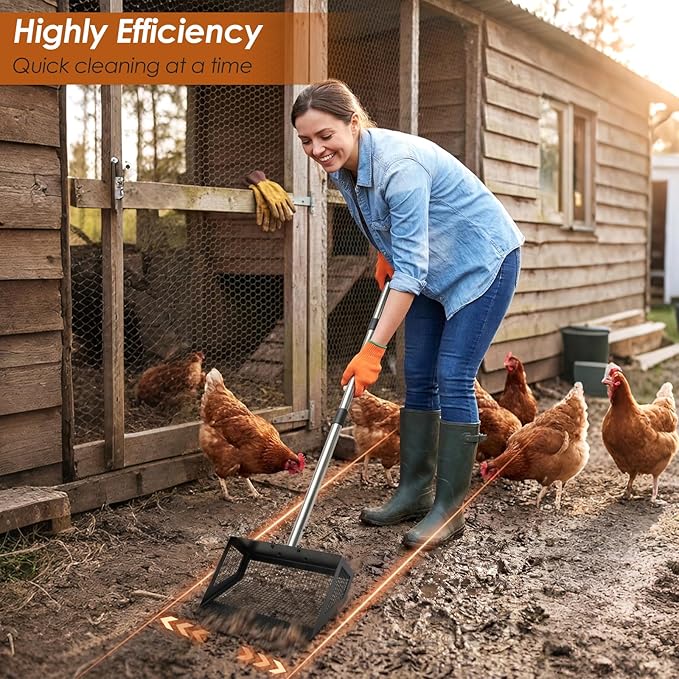 Biupky 10inch Chicken Poop Scooper & Rake, Chicken Litter Scoop with Handle for Chicken Coop & Pet Waste Cleaning for Chicken Coop, Goat Stall, Stable, Litter Sifting Shovel（24 to 63"