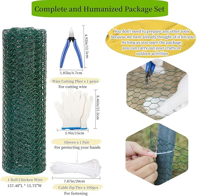 Chicken Wire for Floral Arrangements, 15.75" x 157.48" Green Floral Chicken Wire Mesh, 0.6" Anti-Rust Hexagonal Galvanized, PVC Coated Hardware Cloth Metal Netting for Crafts Poultry Garden Fencing