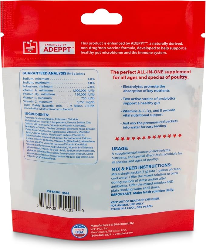 Merrick's Blue Ribbon Chicken Electrolytes with Probiotics, Electrolyte & Immune Support for Chickens, Ducks & All Poultry, Heat Stress & Molting Recovery, 3g Sachets, 12 Count (Pack of 2)