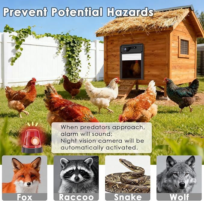 Automatic Chicken Coop Door with HD Camera and APP,Solar Chicken coop Door with Alarm Driver,Night Vision,Remote Controller,Timer,Intercom,Anti-Pinch,5000 mAh Rechargeable Battery