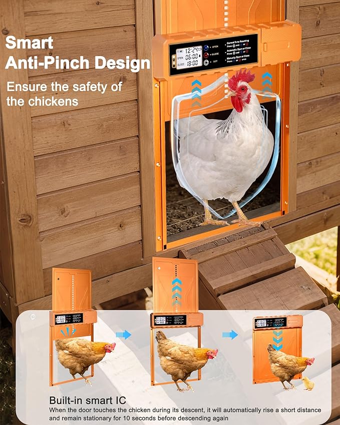 Automatic Chicken Coop Door Solar Powered, Size 14.2″ x 10.8″, Orange Aluminum Alloy Chicken Coop Door Design with USB-C Charging & 3 Modes, Auto Chicken Door with Remote Control, Anti-Pinch