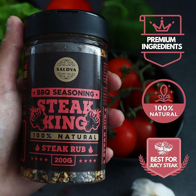 Steak King BBQ Rub - 100% Natural Seasoning - Perfectly Balanced Blend of Spices for Extraordinary Steaks and Other Beef Dishes - Large Jar (200g)