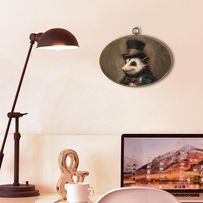 Hxlac Vintage Opossum Oval Wall Art Framed, Dark Moody Opossum Oval Wall Decor, Rustic Farm Animal Hanging Canvas Prints Wall Sculptures for Home Living Room Bedroom Decor, 11.5x8.5 Inch