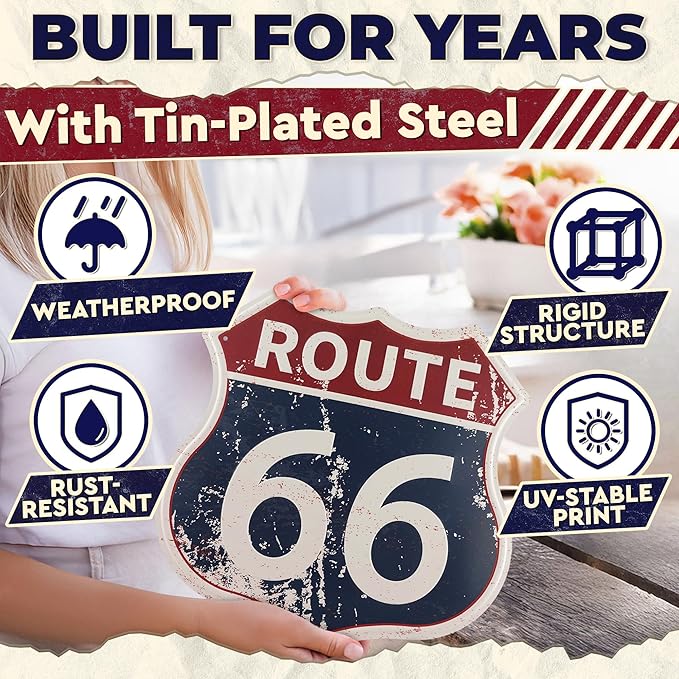 Route 66 Sign - Easy to Hang Tin Signs Vintage Style 12×12 Inch | Route 66 Decor For Bedroom, Man Cave, Garage, Workshop, Bar, Cafe - Retro Road Signs Cars Wall Decor for Gifting and Party Decoration