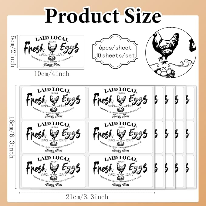 60Pcs 2" x 4" Fresh Egg Labels Chicken Egg Cartons Stickers Rectangle White Paper Self Adhesive Packaging Decals Tags for Box Containers Business Farmhouse Markets Shops Supplies