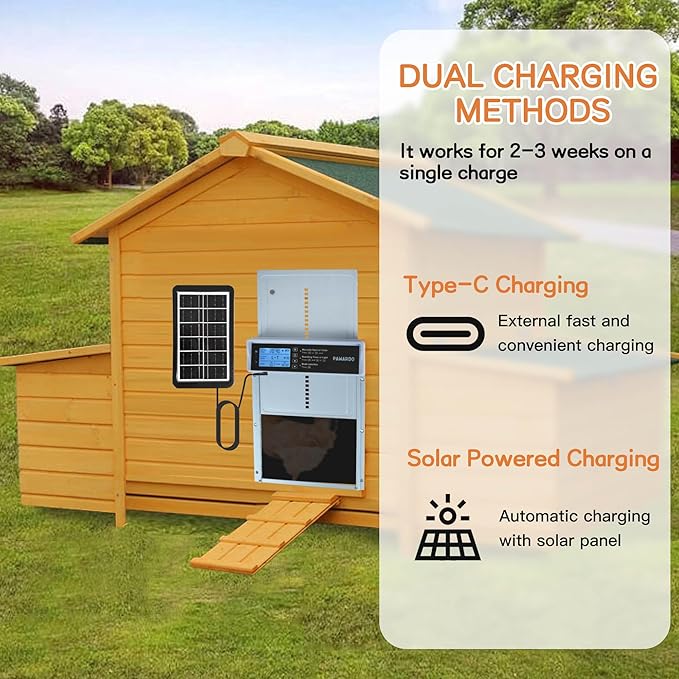 Automatic Chicken Coop Door, LCD Display, 5 Modes, Timer & Light Sensor, Solar Powered & Battery Charging Chicken Coop Door, Weatherproof Automatic Chicken Door with Remote Control