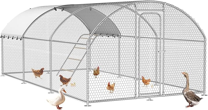 Large Metal Chicken Coop with Roosting Perch Walk-in Poultry Cage Chicken Run House Chicken Pen Dome Shaped Coop with Waterproof Cover for Outdoor Backyard Farm Use(10' L x 19.7' W x 6.4' H)