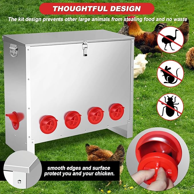 Metal Chicken Feeder 85 lbs Capacity, Galvanized Chicken Feeder with 10 Ports, Waterproof Automatic Poultry Feeder Suitable for Geese, Ducks, Turkeys, Quails