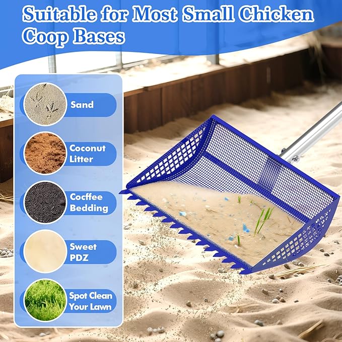 Chicken Poop Scooper & Rake 2-in-1,304 Stainless Steel Shovel Head, Chicken Litter Scoop with Handle for Chicken Coop & Pet Waste Cleaning, Litter Sifting Shovel (35 to 65") (Blue, 12inch)