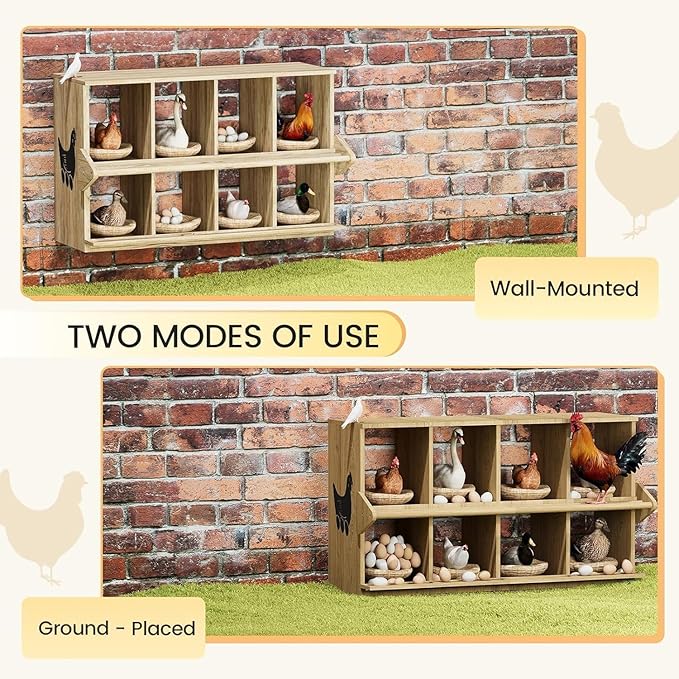 Chicken Nesting Box, 8 Compartment Wooden Nesting Boxes for Chickens with Perches, Floor/Stand/Wall Mount Large Chicken Nesting Boxes for Small & Medium Poultry