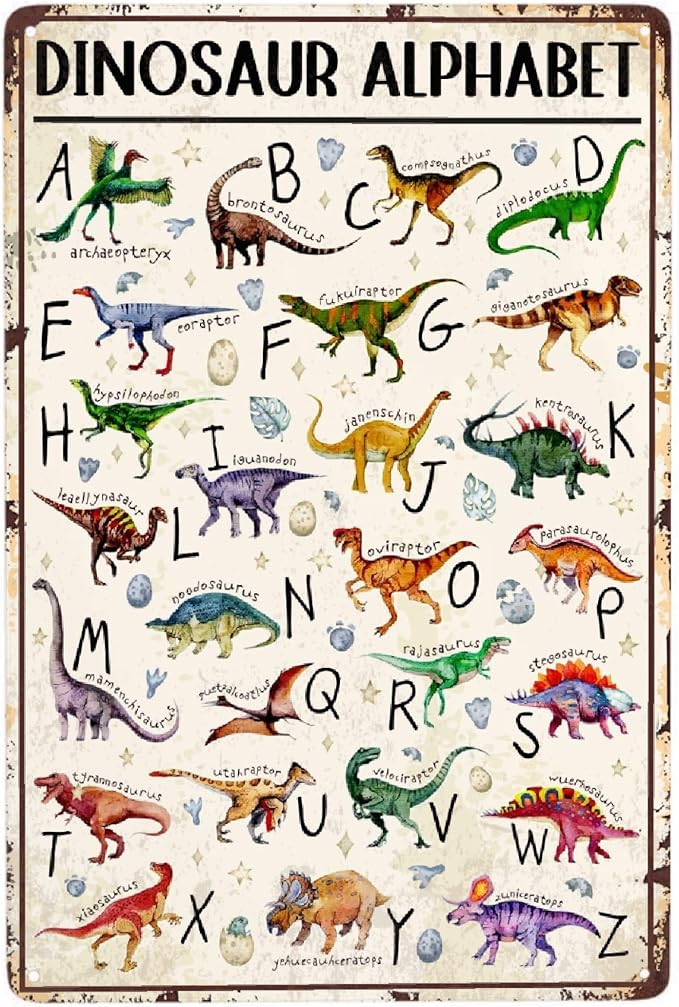 JOCASA Dinasaur Alphabet Vintage Metal Poster Sign Decor-Retro Aluminum Metal Tin Sign for Home Wall Decor, Garden, Bedroom, Signs Gift,12''x 8''