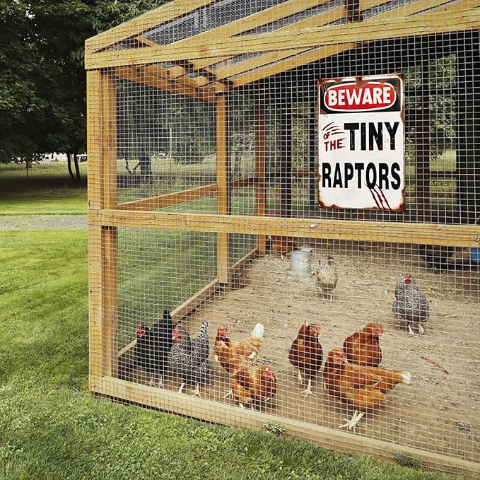 Beware of the Tiny Raptors Metal Tin Sign Funny Chicken Coop Sign Chicken Coop Accessories Outdoor Chicken Farmhouse Farm Sign Yard Decor Gifts 8x12 Inch