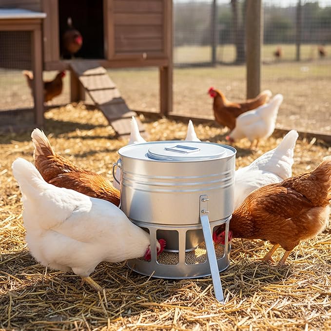 KOL Metal Chicken Feeder - 20lbs No Waste Chicken Feeder with 12 Ports, Powder Coated Rust-Proof Design & Smooth Edges for Safe Feeding (Silver)