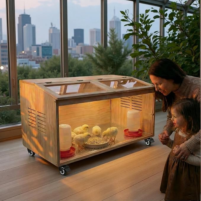 Brooder Box for Chicks Pine Wood Chicken brooder Box with Thermostat & Heating Lamp & Brake Casters， Solid Panels Chick brooder for Chicks, Ducklings, Hamsters, Guinea Pigs - Chew-Proof(32x16x16 in)