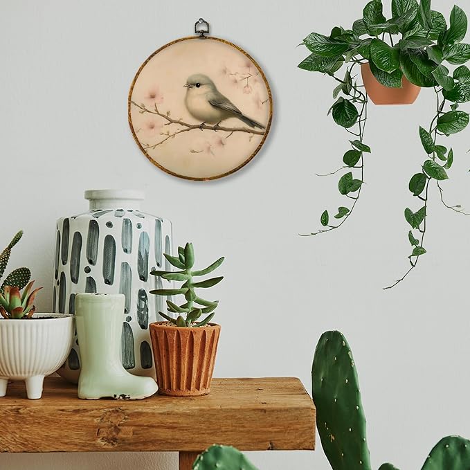 Hiuwevt Vintage Bird Round Wall Art Decor, Retro Rustic Bird Framed Canvas Prints, Farmhouse Cottagecore Floral Round Wall Hanging Decor for Home Bedroom Living Room Decorations, 10x10 Inches