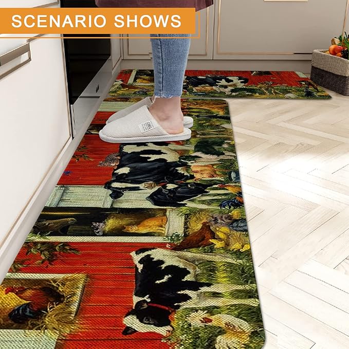 Roszwtit Farmhouse Kitchen Rugs and Mats Set of 2, Farm Animal Kitchen Mat, Seasonal Holiday Cooking Sets Washable Non-Slip Floor Mats for Home Kitchen Decor - 17x29 and 17x47 Inch