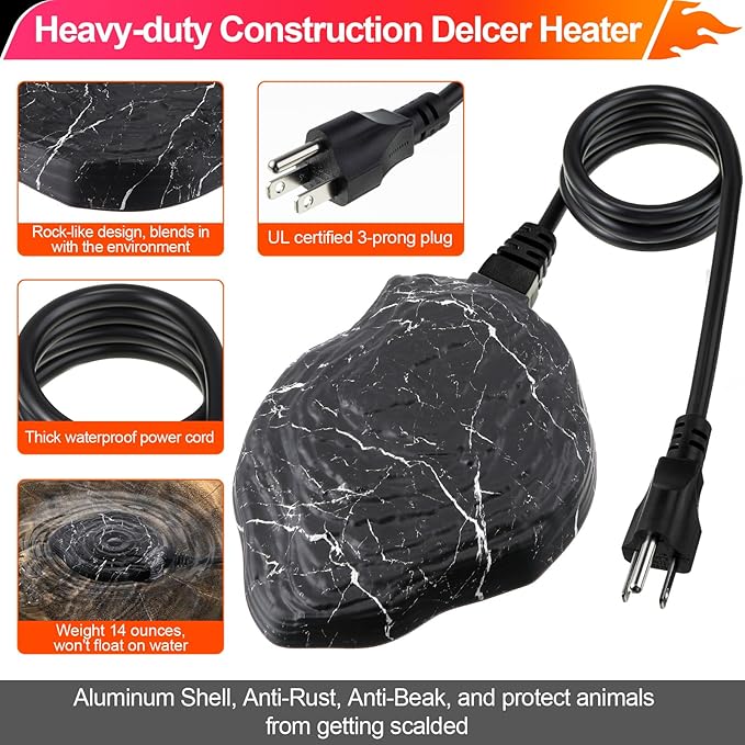 Saillong Bird Bath Deicer Heated Rock, 80W Submersible Utility Decorative De Icer, Thermostatic Controlled Winter Water Heater with Aluminum Base for Outdoor Bird, Chicken, Duck (1 Pack,Black)