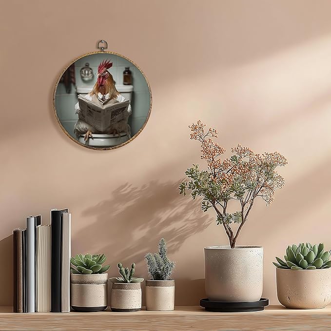 Pugwak Funny Chicken Bathroom Round Wall Art Decor Prints, Rustic Farmhouse Rooster Canvas Art Framed, Chicken Reading on Toilet Artwork Wall Hanging Decor for Washroom Bathroom Restroom, 10x10in