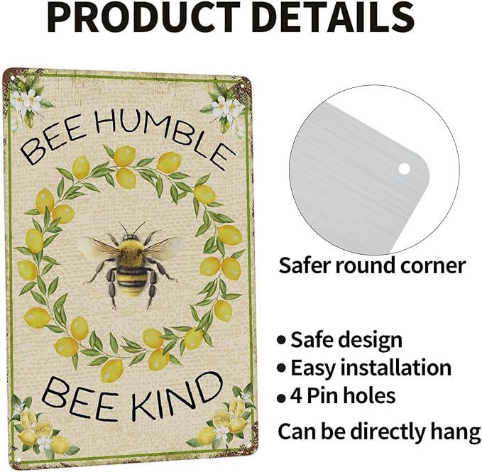 Lemon Vintage Metal Poster Bee Humble Garden Sign Decorative Outdoor-Retro Aluminum Metal Tin Sign Wall Decor Art Gift for Home Outside Farm Garden Garage Outdoor, 12''x 8''