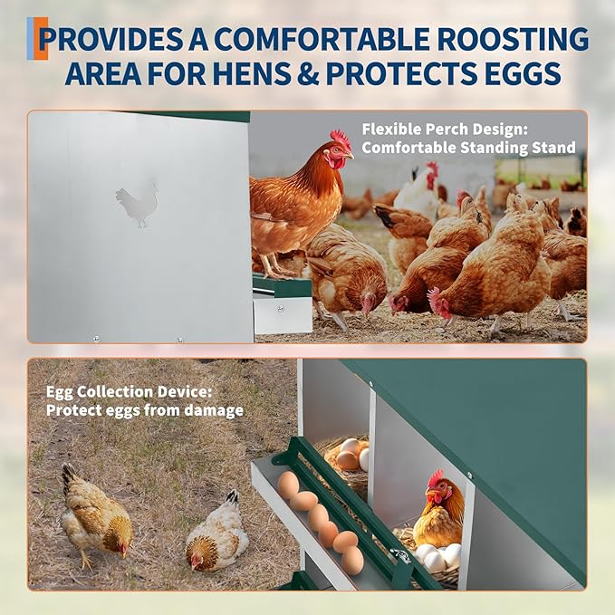 Chicken Nesting Box for Backyard Coop, 6 Compartment Two-Tier Egg Laying Box with Rollaway Design, Galvanized Steel Wall Mount with Vents for Easy Clean, Green