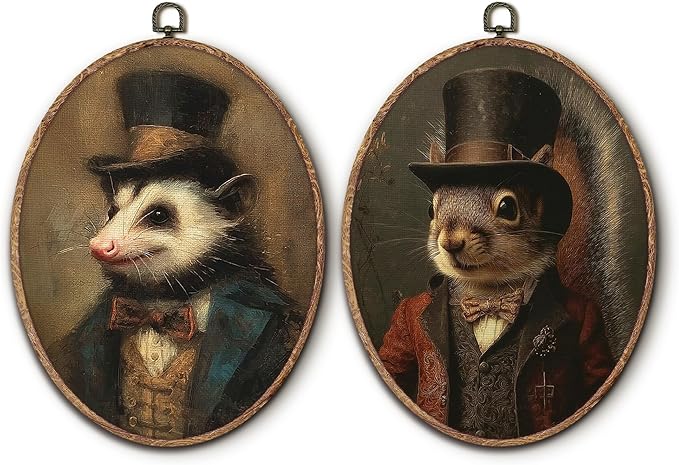 Hxlac Victorian Opossum Squirrel Oval Wall Art Framed Set of 2, Vintage Victorian Style Animal Oval Wall Decor, Autumn Squirrel Hanging Canvas Prints Wall Sculptures for Home Room Decor, 8.5x11.5 Inch