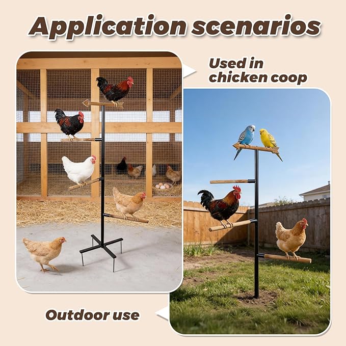 Large Chicken Roosting Bars, Wooden 4-Branch Perch & Outdoor Bird Playground Toy,Chicken Perch for Coop & Backyard,50" H x 16.5" R, 4-Prong Metal Ground Plug,for Small Poultry, Bird & Parrots