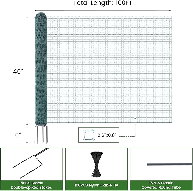 DoCred Non Electric Fence Netting, 40in x 100ft Portable Movable Livestock Nets Mesh for Chickens,Goats, Sheep, Dog, Reusable Nylon Animal Barrier Fencing Netting for Backyards, Farms Ranches
