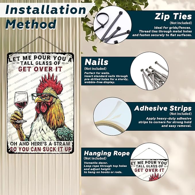 Chicken Sign Metal Tin Sign Funny Chicken Coop Wall Decor Let Me Pour You A Tall Glass Of Get Over It Chicken Decor Sign For Home Cafe Bar Cave Farm Wall Art Decor 12x8 Inch