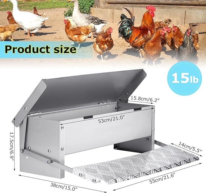 Automatic Chicken Feeder Treadle Large Poultry Feeders No Waste Stainless Steel Rat Proof Chicken Feeder Trough with Weatherproof Lid Treadle Chicken Feeder Self-Opening for Duck Fowl