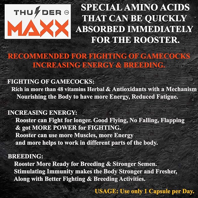 New Thunder Max Vitamins Health Supplement Capsules Rooster Booster Chicken Increasing Energy Formula Feed Cock, Good Breeding, Stronger & More Power, Healthy 90 Capsules Hen Food