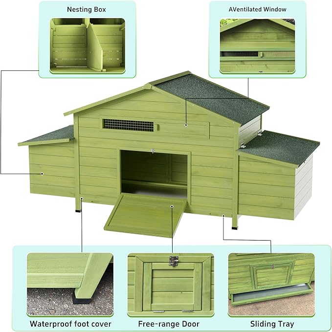 Wooden Chicken Coop for 2-4 Chickens, 69.9" Large Chicken House Poultry Pet Hutch with 2 Sides Nesting Boxes, Outdoor Chicken Tractor with 2 Free-Range Doors Leakproof Tray, Green