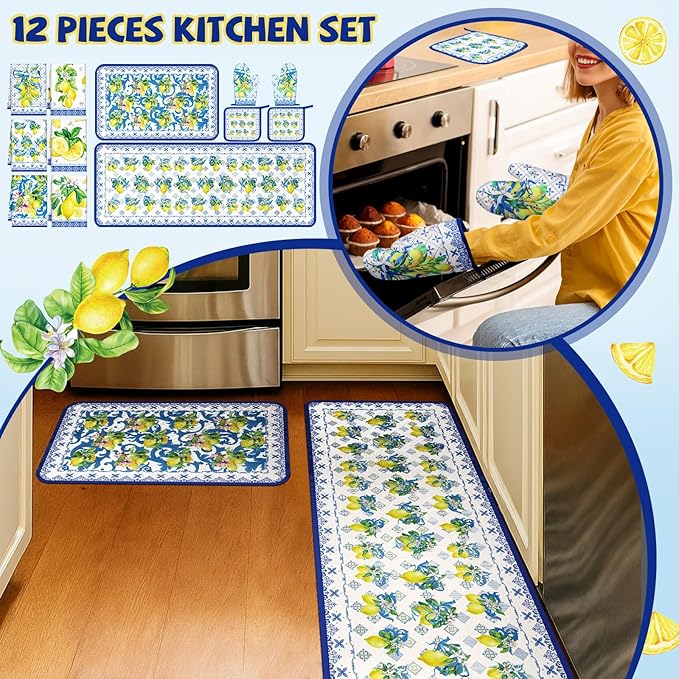 10 Pcs Kitchen Dish Towels Rugs Oven Mitts and Pot Holders Kit Farmhouse Kitchen Decor Set Gloves Vintage Potholders for Baking Cooking Chef(Blue, White, Lemon)