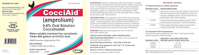 Aurora CocciAid 9.6% Liquid Concentrate, Generic for Corid, AmproMed, Amprolium, 1Gal,1 Gallon