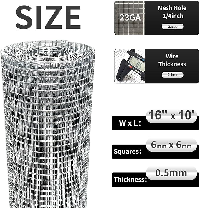 Hardware Cloth 16'' x 10' 1/4 in Galvanized Wire Mesh Roll (23 GA) Chicken Wire Fence Roll for Chicken Pen/coop Fences, Screen mesh, Rabbit/Snake Fences, Poultry enclosures, Handicraft Making, etc.