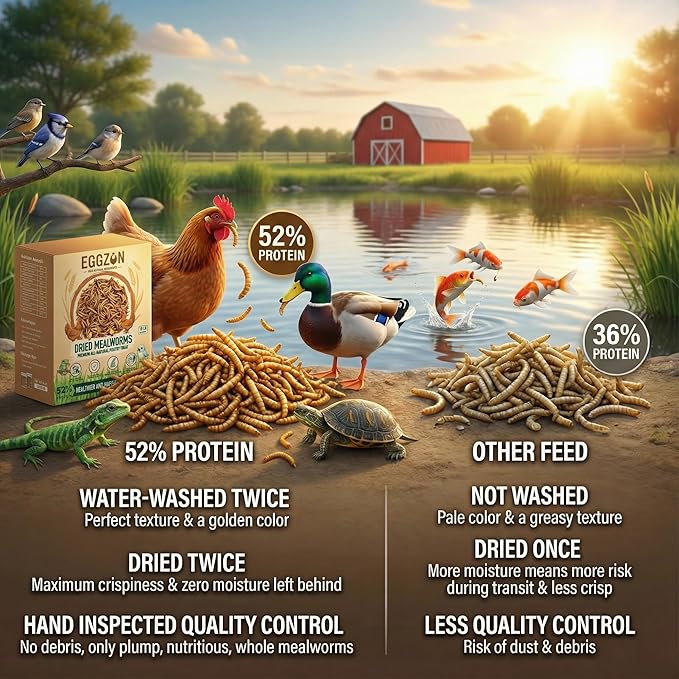 Dried Mealworms,10 lbs(2x5lb Bags),100% Natural Non-GMO, High Protein,All-Natural Chemical-Free Feed for Chickens, Ducks, Reptiles, Birds Food, Hedgehogs & Bearded Dragons, Insect Larvae