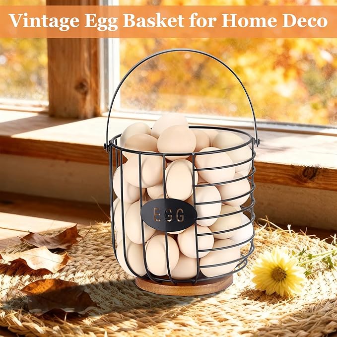 Farmhouse Vintage 7'' Round Metal Wire Egg Basket - Solid Bottom Egg Gathering Holder for Fresh Eggs, Countertop Kitchen Storage (Style 2(Lantern))