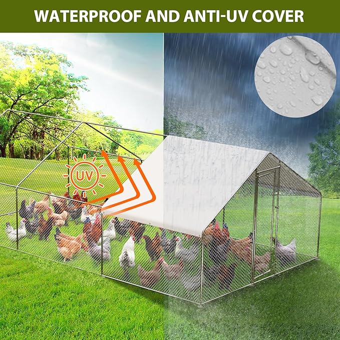 Large Walk-in Chicken Coop with Run, 9.8' x 19.7' Outdoor Chicken Runs for Yard with Cover, Metal Poultry Cage for Chickens, Ducks, Birds