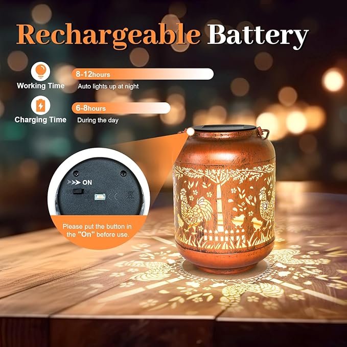 Rooster Gifts for Women,Solar Lanterns Outdoor Waterproof Ornaments for Garden Chicken Coop Decor Rooster Gifts for Mom Grandma Hanging Metal Solar Lights Outside for Yard, Patio