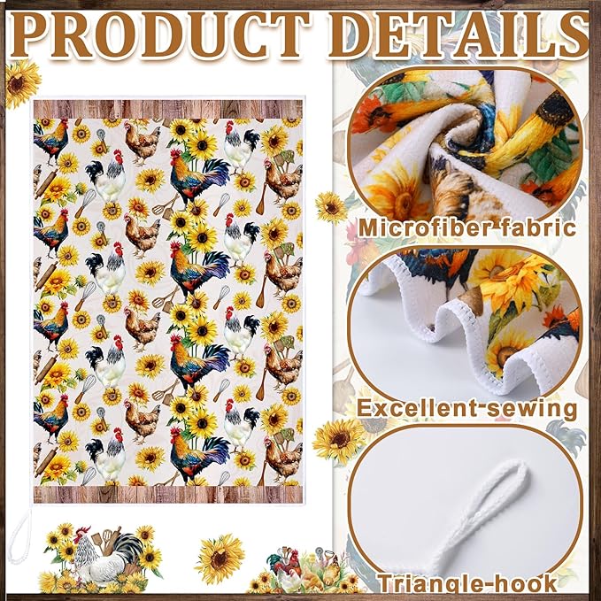 Bencailor 6 Pcs Farmhouse Kitchen Towels Chicken Rooster Kitchen Decor Farm Animal Hand Towels for Cooking Baking Housewarming Gift,15.75 x 23.62 inch(Multicolor,Sunflower Rooster)
