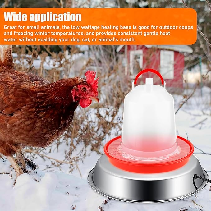 Chicken Water Heater for Winter, 11.8" Stainless Steel Heated Base for Poultry Drinker, 110V 60Watt Thermostatic Heater for 1-5 Gallon Chicken Waterer, US Plug, Anti-Rust, Safe for Coops and Barns