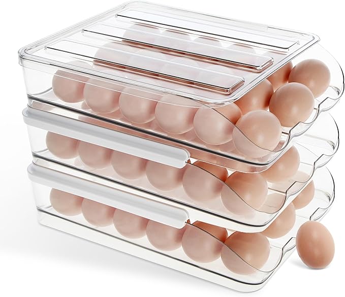 Egg Container for Refrigerator - Clear Stackable 3 Tier Plastic Egg Holder Drawer - 4 Dozen Capacity Farm Eggs Organization Storage Trays for Fridge or Kitchen Counter