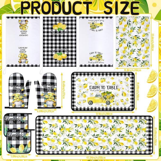 10 Pcs Lemon Kitchen Decor Set Dish Towels Kitchen Rugs Oven Mitts and Pot Holders for Cooking Baking Grilling Women Mom Gift