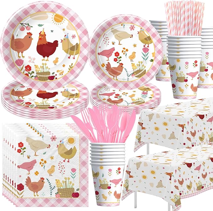 Chicken Party Decorations Tableware for Birthday Baby Shower, Farm Animal Barnyard Little Chick Birthday Party Supplies, Plate, Cup, Napkin, Straws, Disposable Cutlery, Tablecloth, 24 Guests