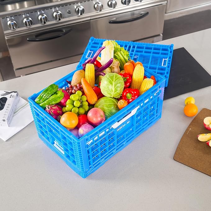 Restaurantware Plastic Milk Crates for Storage - 10 Pack - Cater Tek Stackable Storage Buns for Organizing - Collapsible Storage Basket for Groceries, Home Supplies, Blue
