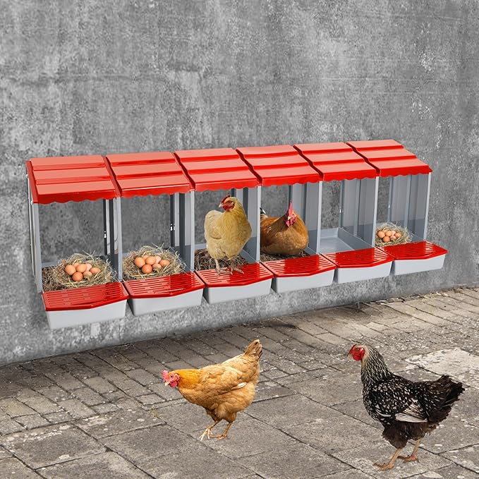 Chicken Nesting Boxes 6 Compartment PP Nesting Box with Inclined Nesting Boxes & Vented Holes Wall Mount Chicken Laying Boxes for Chicken Coop (Red)